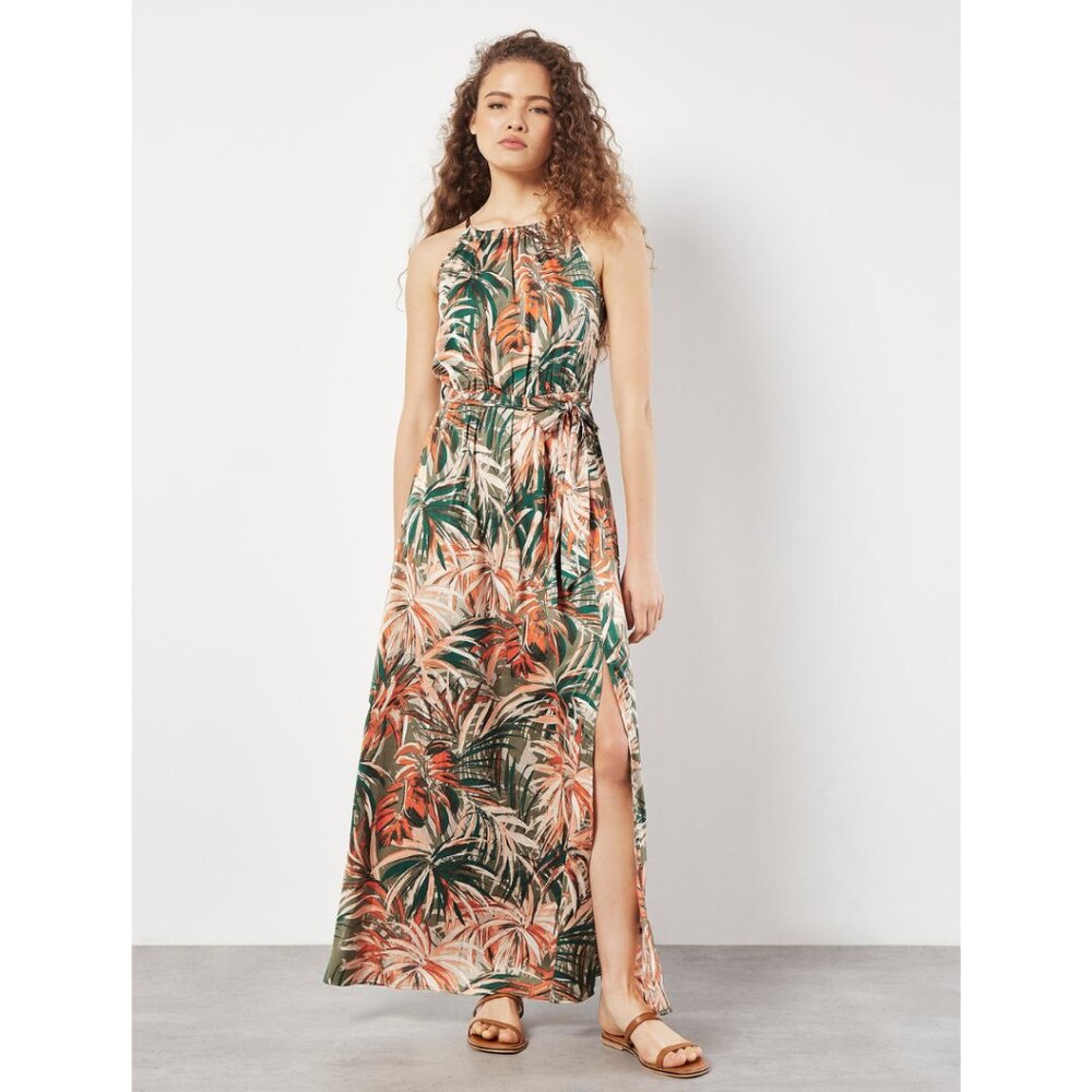 Palm print dress in halter type neckline